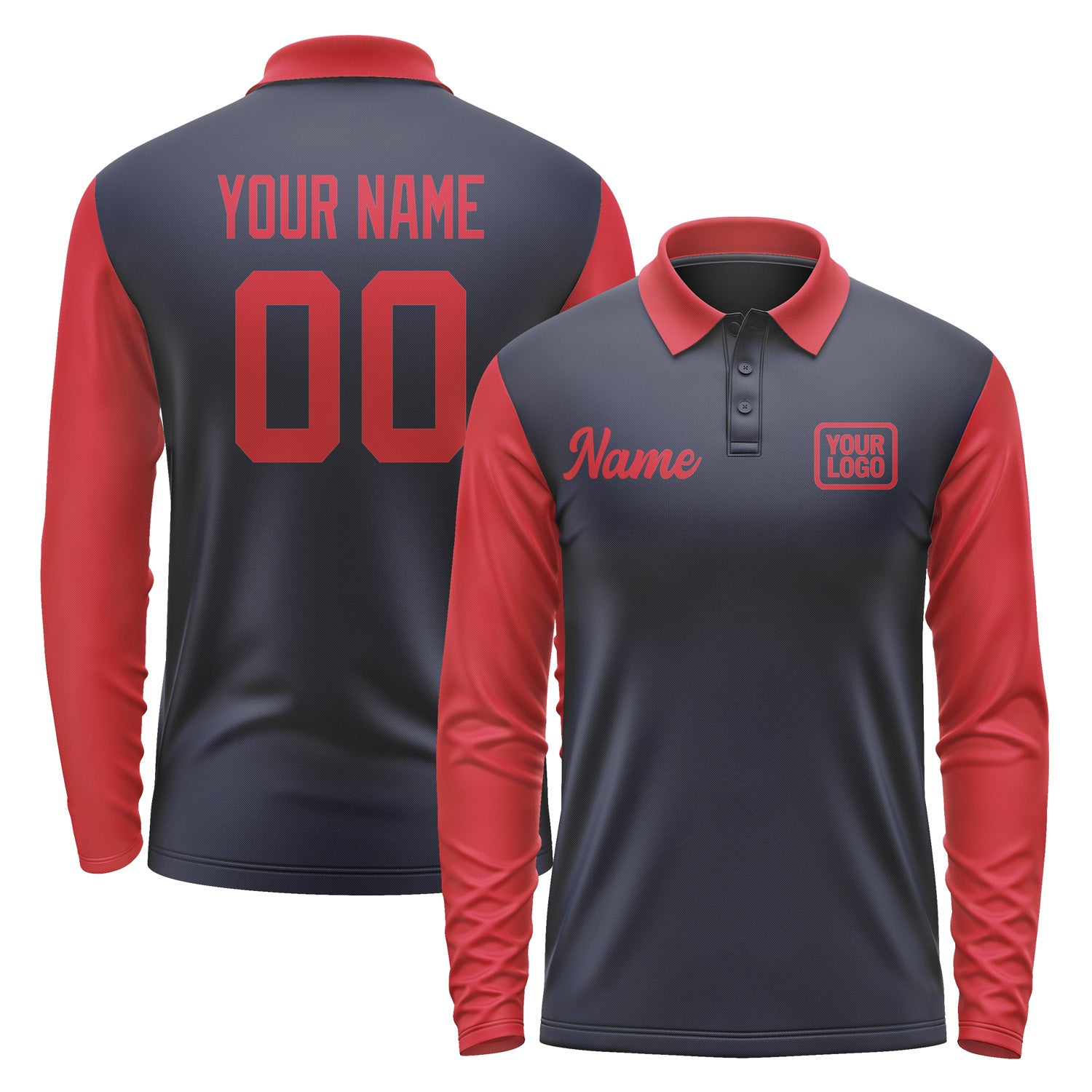 Custom Navy Red Long Sleeve Polo Shirt Pl111414B114