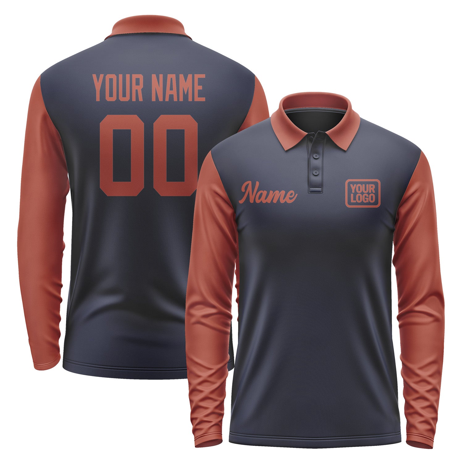 Custom Navy Coral Red Long Sleeve Polo Shirt Pl111616B116