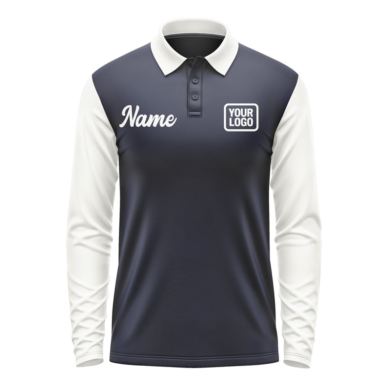 Custom Navy White Long Sleeve Polo Shirt Pl111818B118