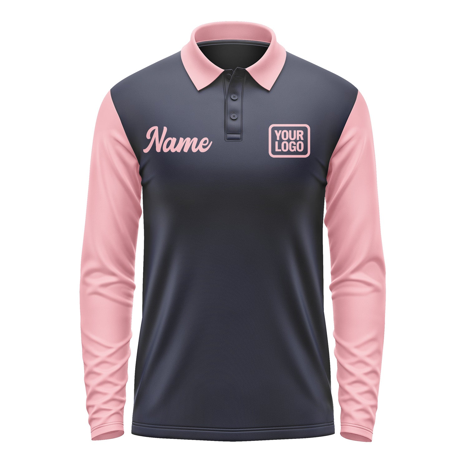 Custom Navy Light Pink Long Sleeve Polo Shirt Pl112121B121