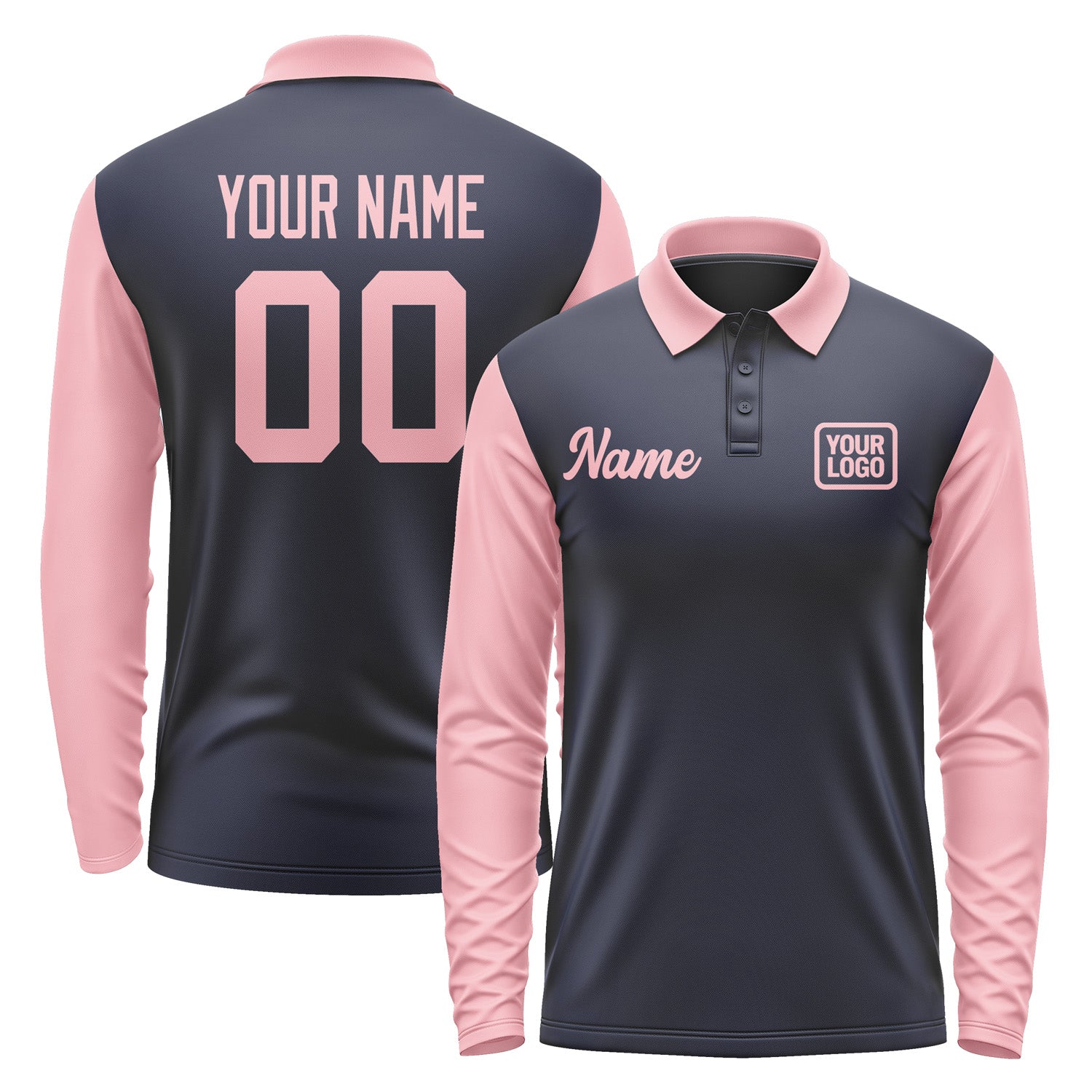 Custom Navy Light Pink Long Sleeve Polo Shirt Pl112121B121