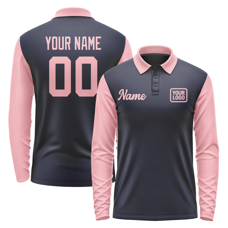 Custom Navy Light Pink Long Sleeve Polo Shirt Pl112121B121