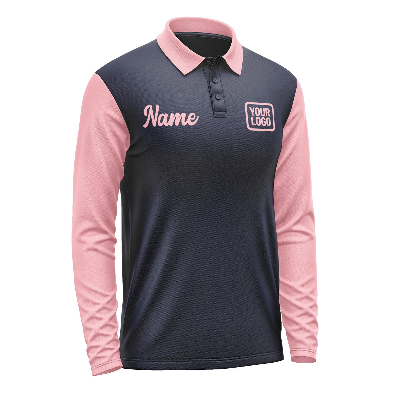 Custom Navy Light Pink Long Sleeve Polo Shirt Pl112121B121
