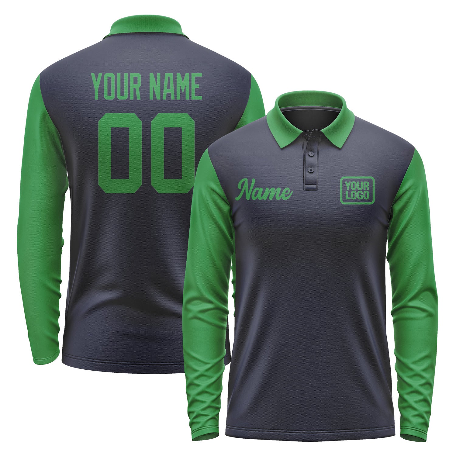 Custom Navy Emerald Green Long Sleeve Polo Shirt Pl112424B124