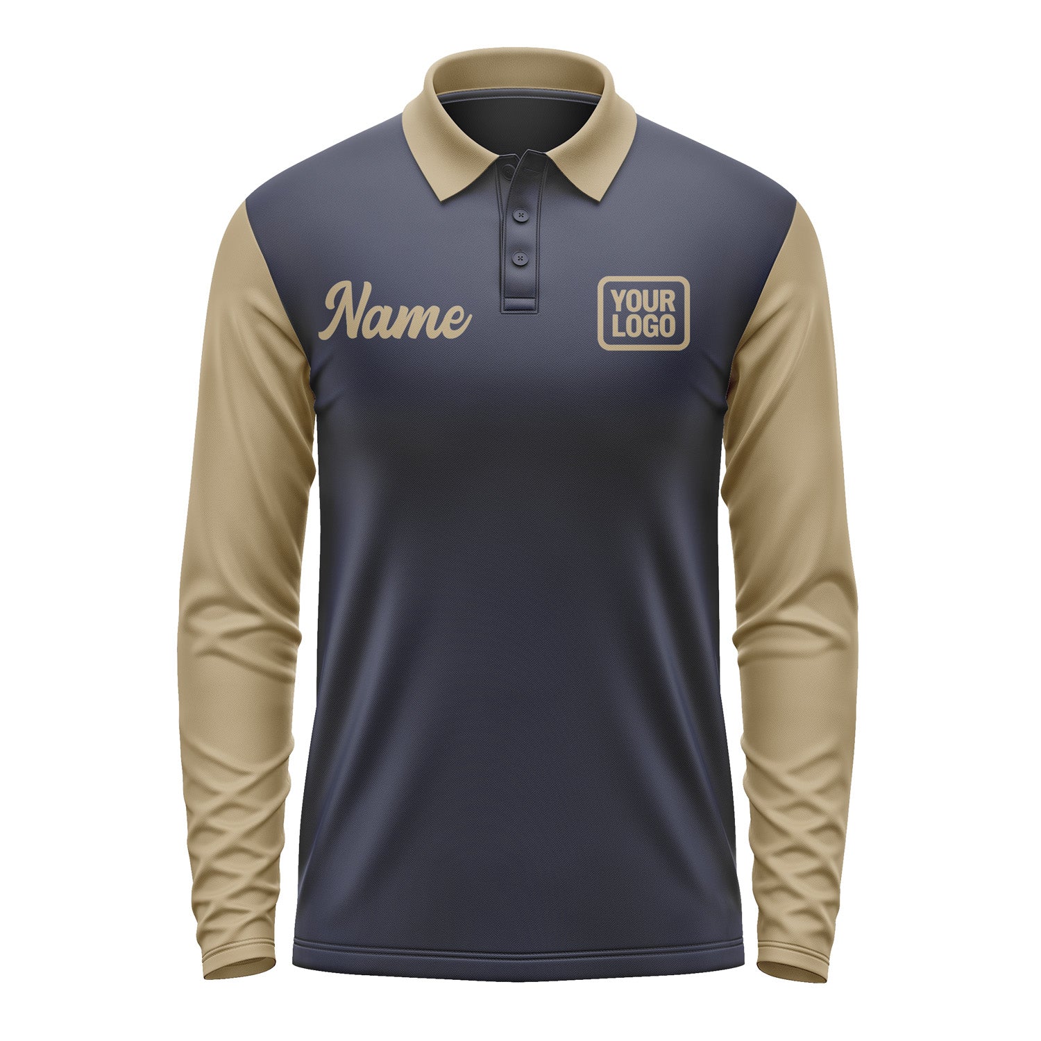 Custom Navy Light Khaki Long Sleeve Polo Shirt Pl112525B125