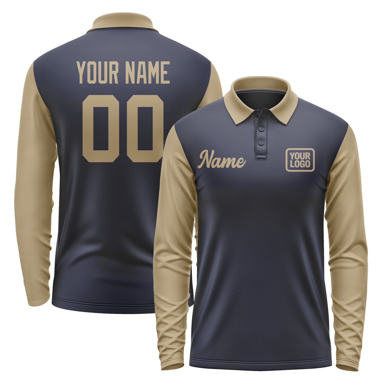 Custom Navy Light Khaki Long Sleeve Polo Shirt Pl112525B125