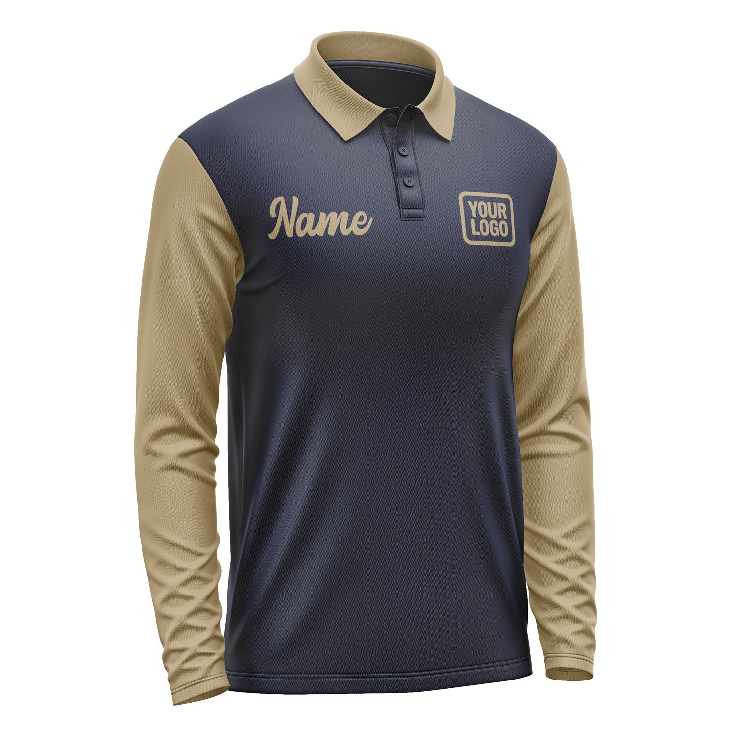 Custom Navy Light Khaki Long Sleeve Polo Shirt Pl112525B125