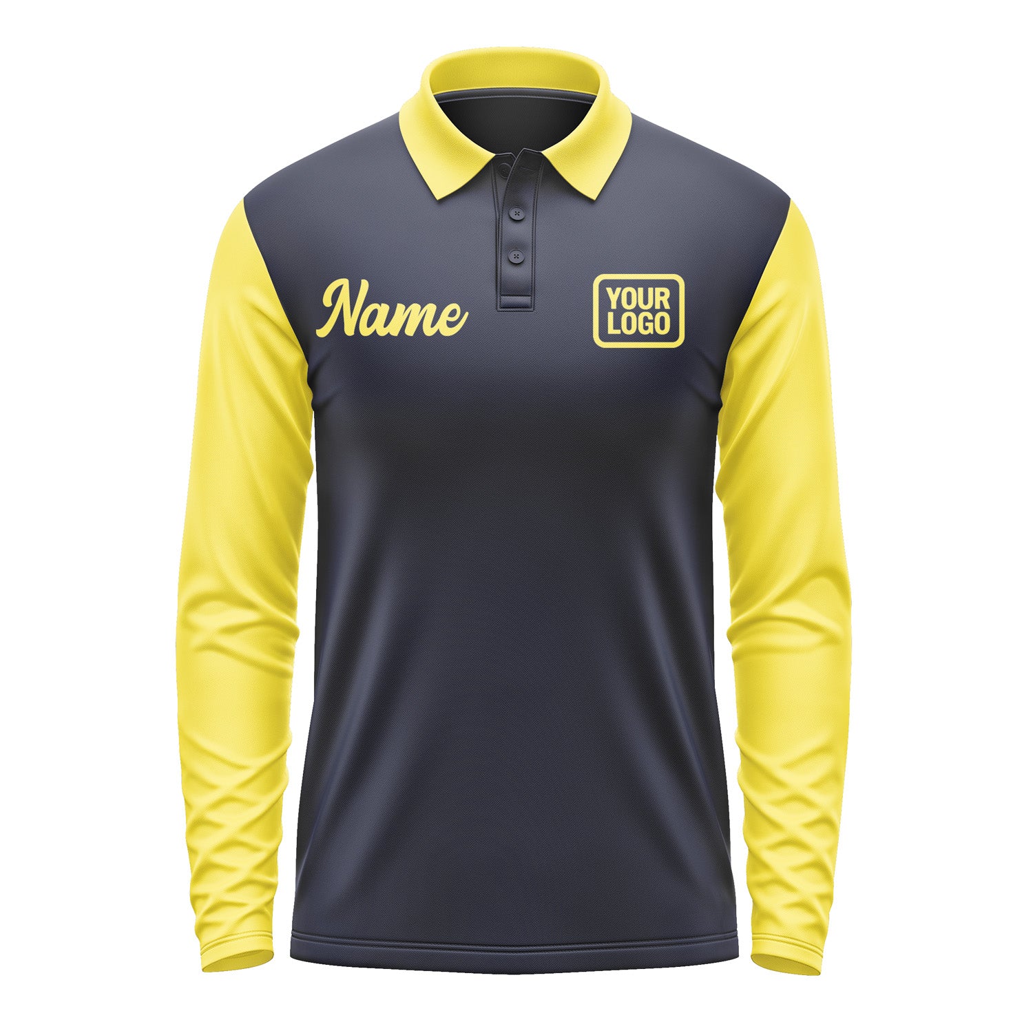 Custom Navy Light Yellow Long Sleeve Polo Shirt Pl112626B126