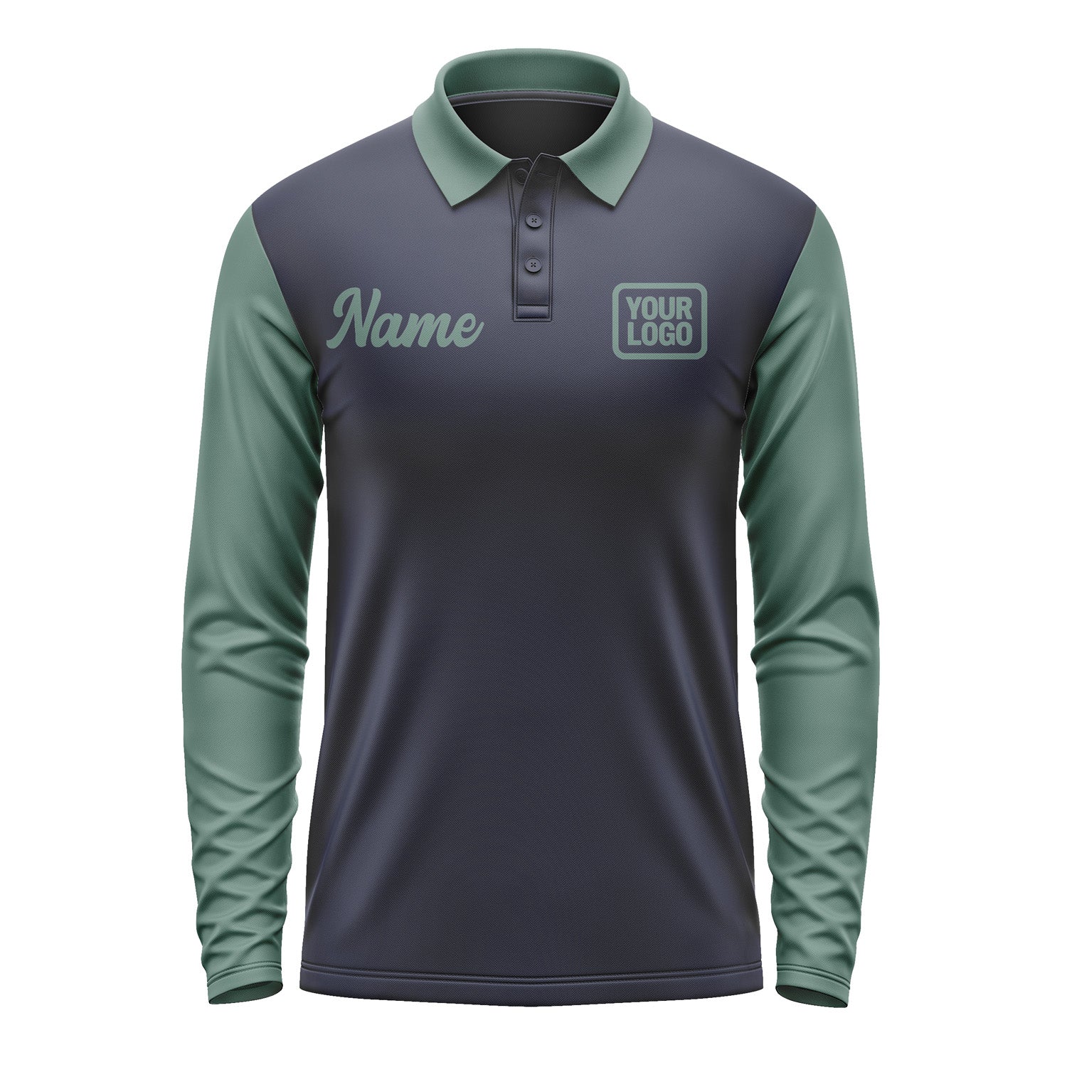 Custom Navy Blue Green Long Sleeve Polo Shirt Pl112727B127