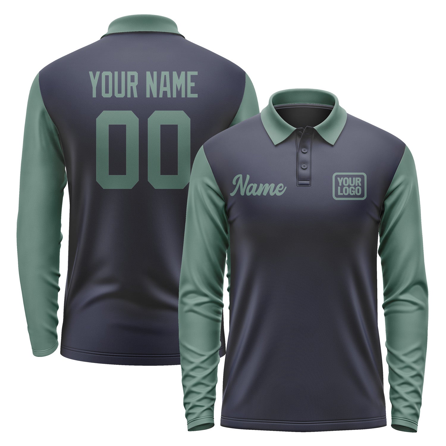 Custom Navy Blue Green Long Sleeve Polo Shirt Pl112727B127