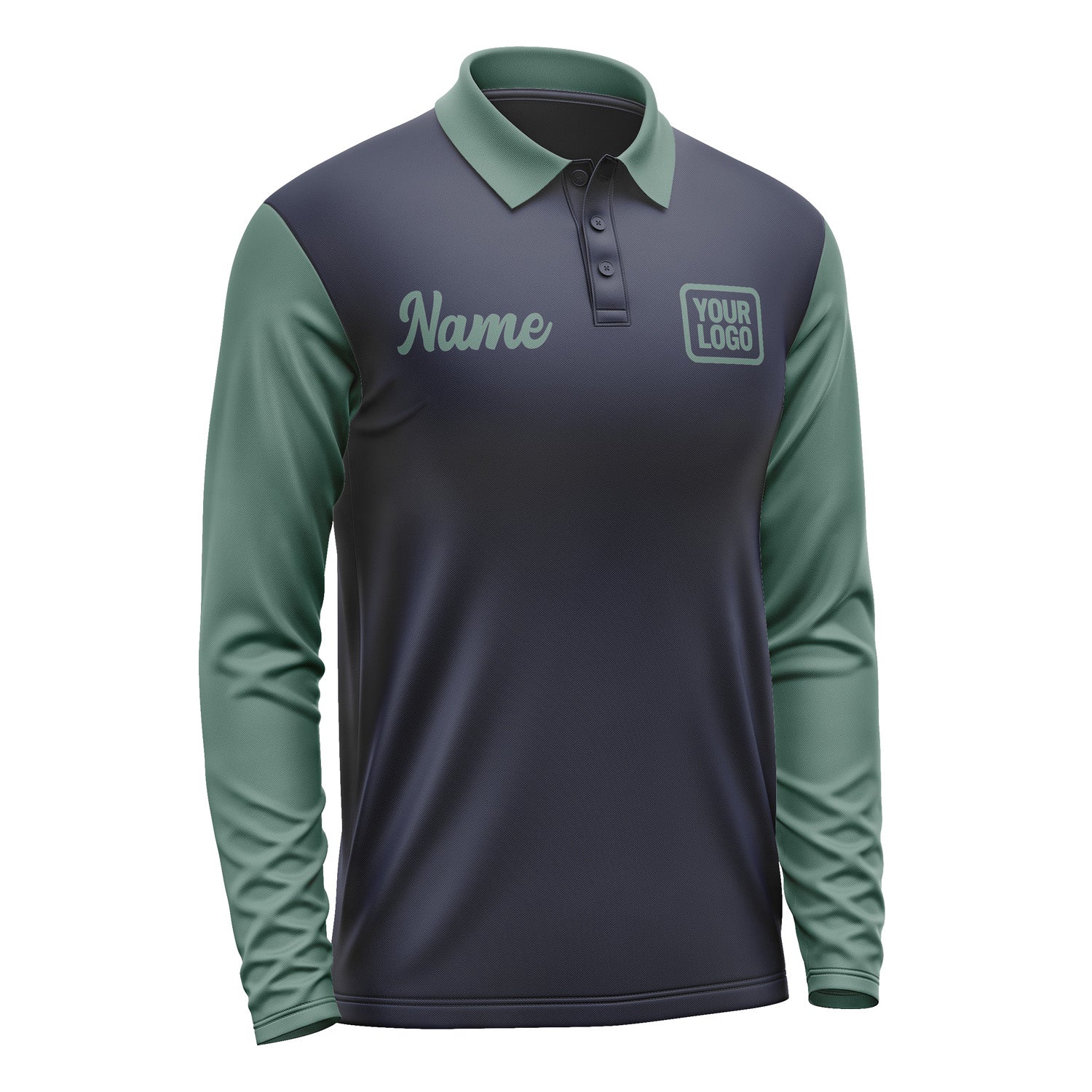 Custom Navy Blue Green Long Sleeve Polo Shirt Pl112727B127