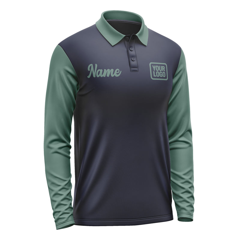 Custom Navy Blue Green Long Sleeve Polo Shirt Pl112727B127