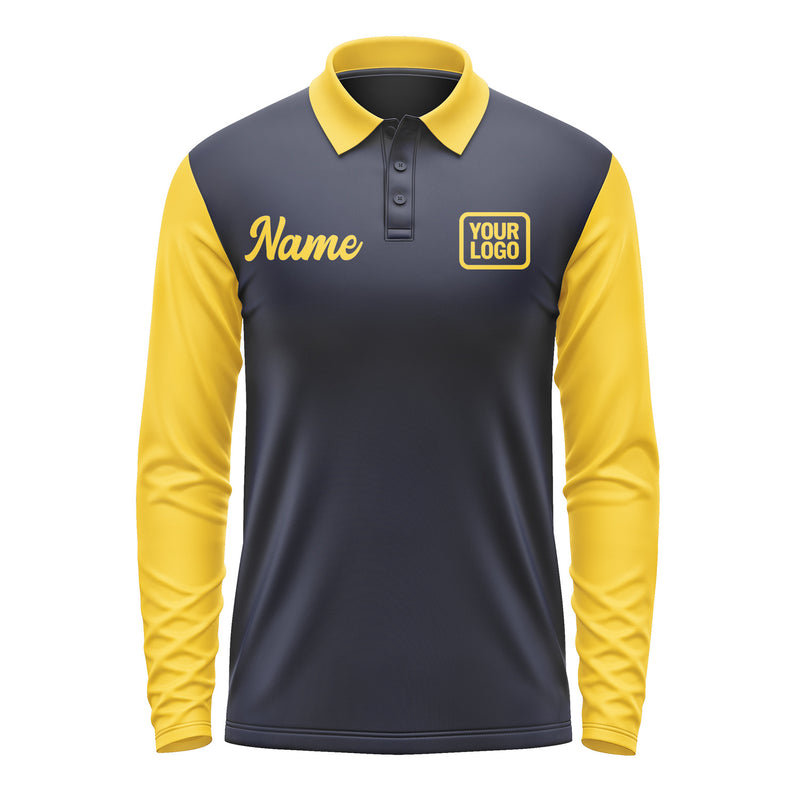 Custom Navy Gold Long Sleeve Polo Shirt Pl113030B130