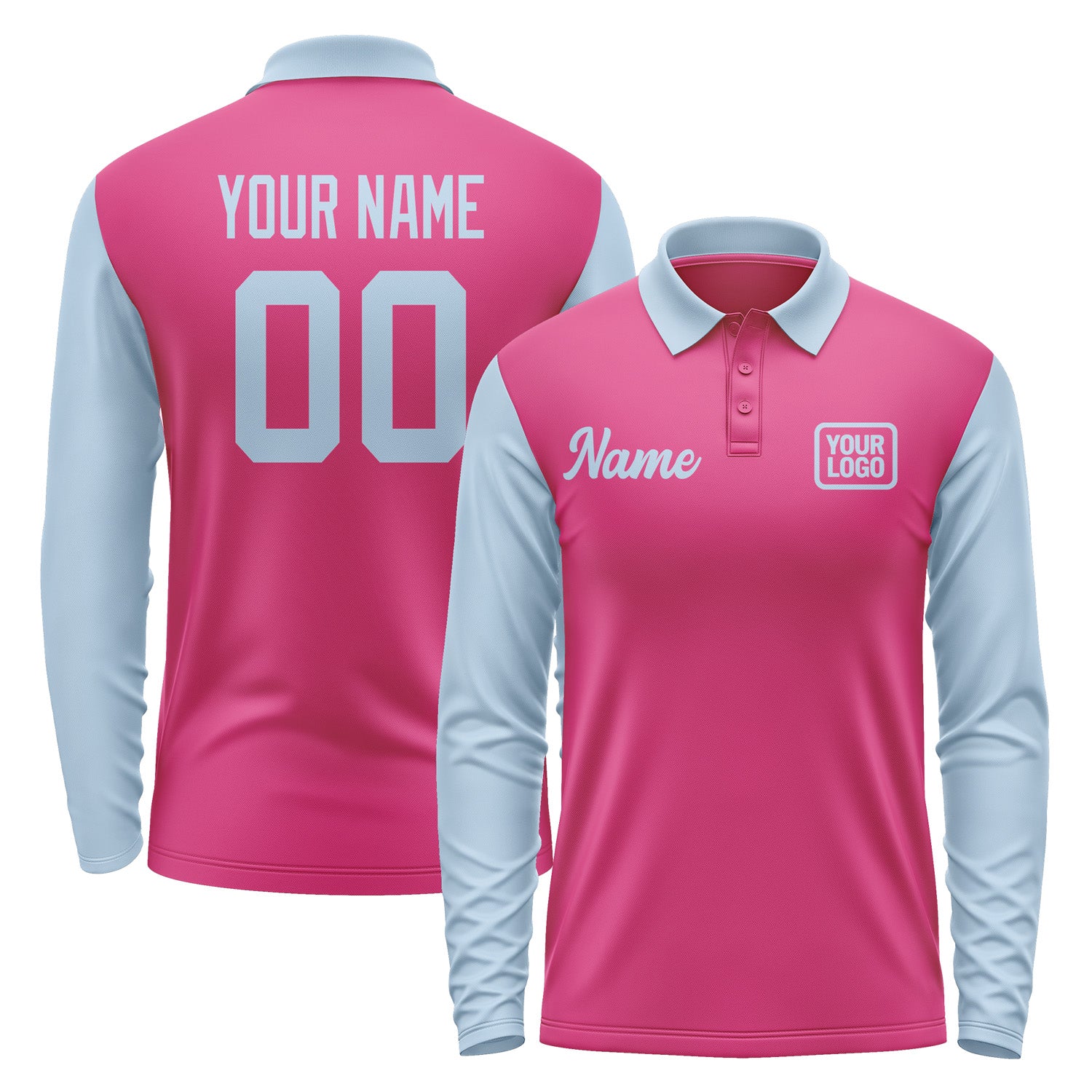 Custom Pink Light Blue Long Sleeve Polo Shirt Pl130808B108