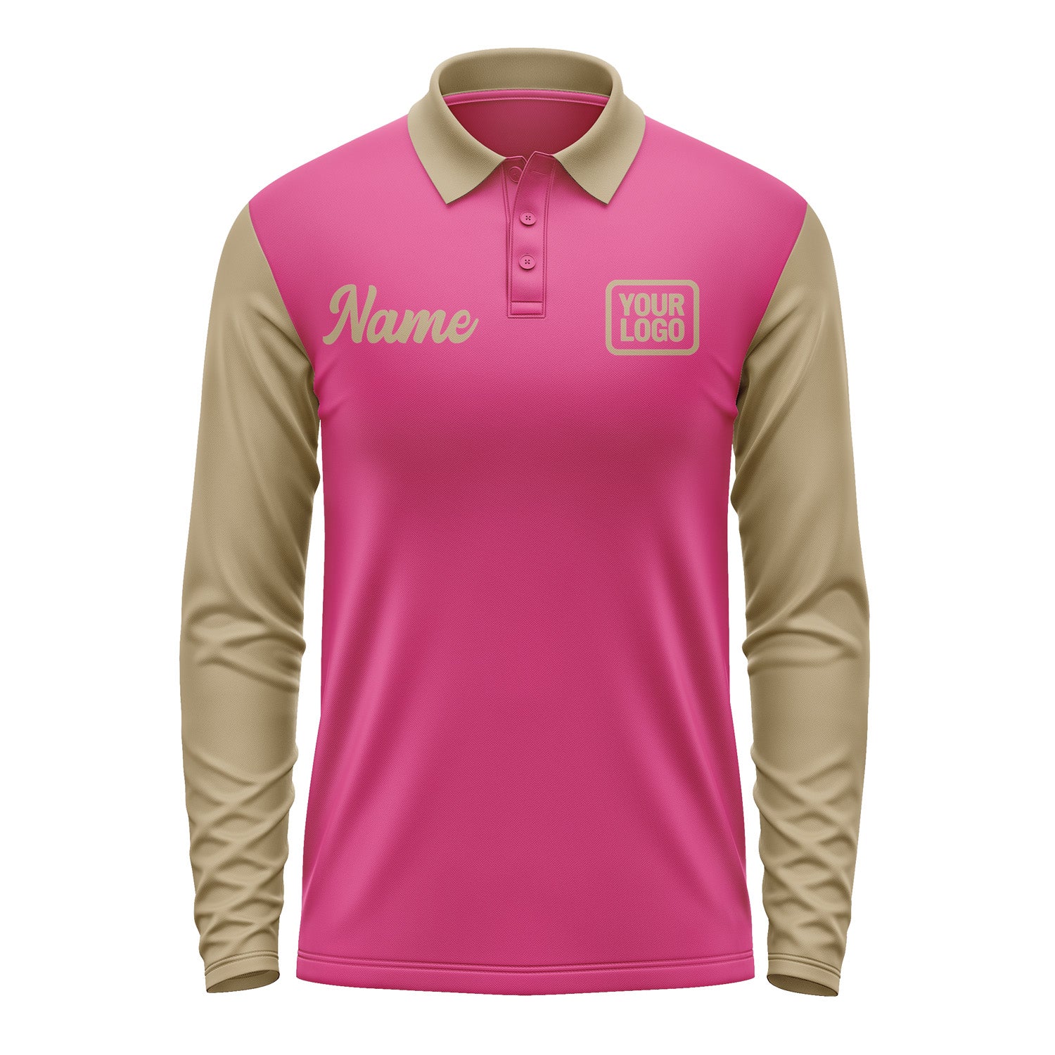 Custom Pink Light Khaki Long Sleeve Polo Shirt Pl132525B125