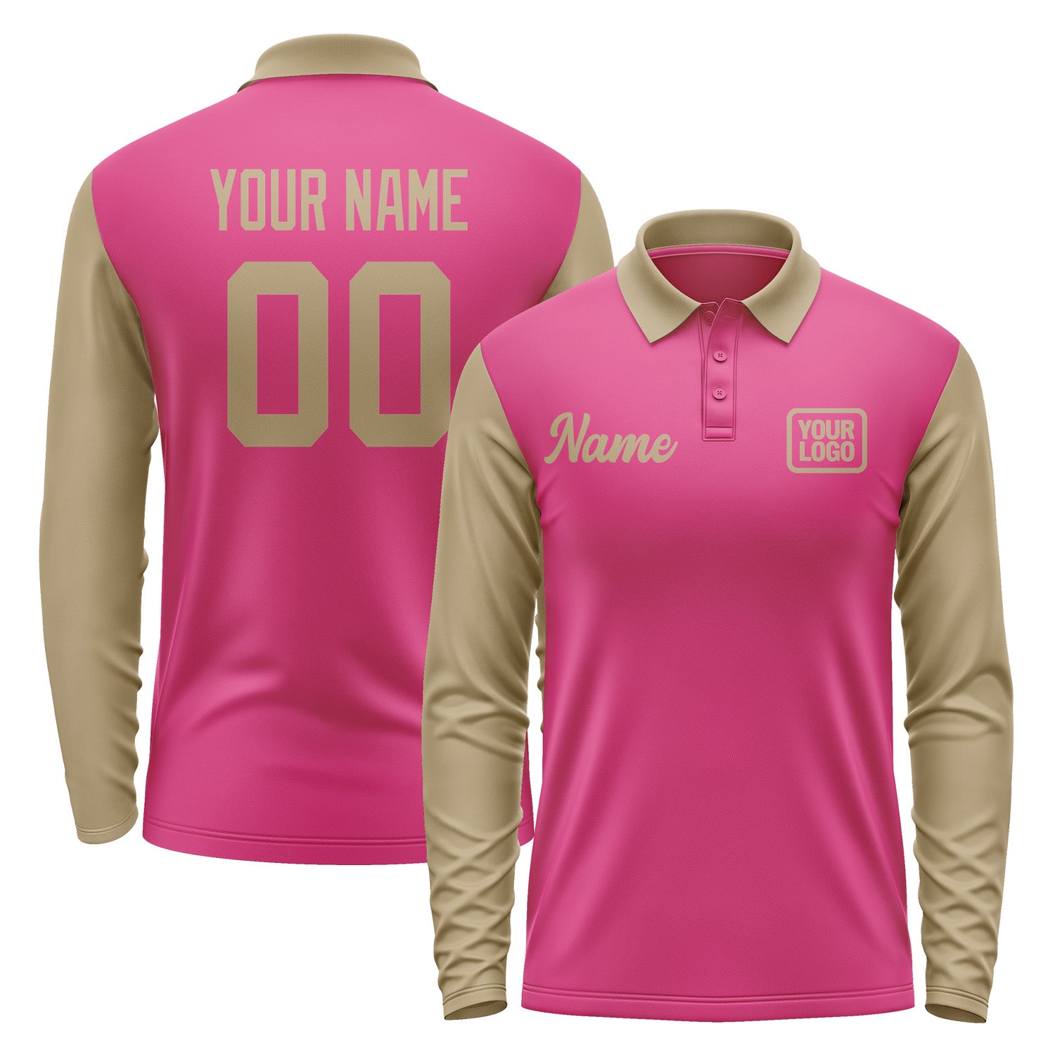 Custom Pink Light Khaki Long Sleeve Polo Shirt Pl132525B125