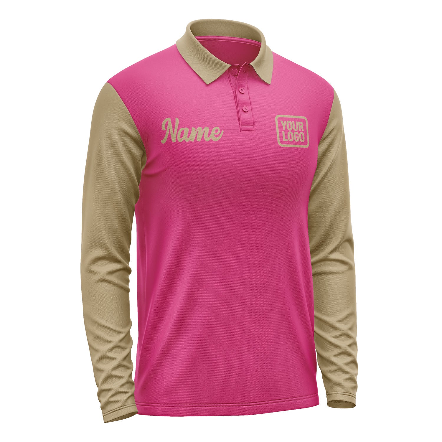 Custom Pink Light Khaki Long Sleeve Polo Shirt Pl132525B125