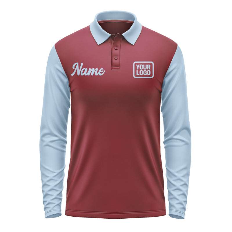 Custom Crimson Red Light Blue Long Sleeve Polo Shirt Pl150808B108