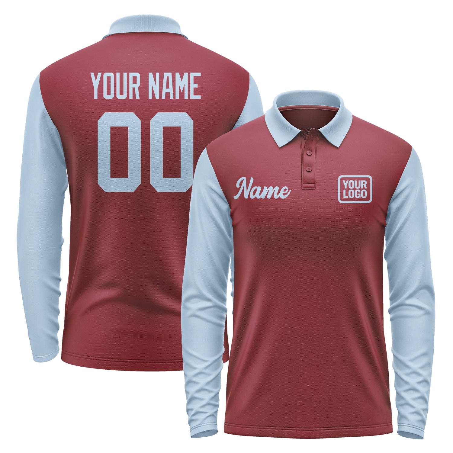 Custom Crimson Red Light Blue Long Sleeve Polo Shirt Pl150808B108