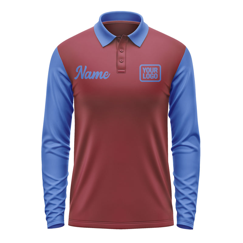 Custom Crimson Red Sky Blue Long Sleeve Polo Shirt Pl150909B109