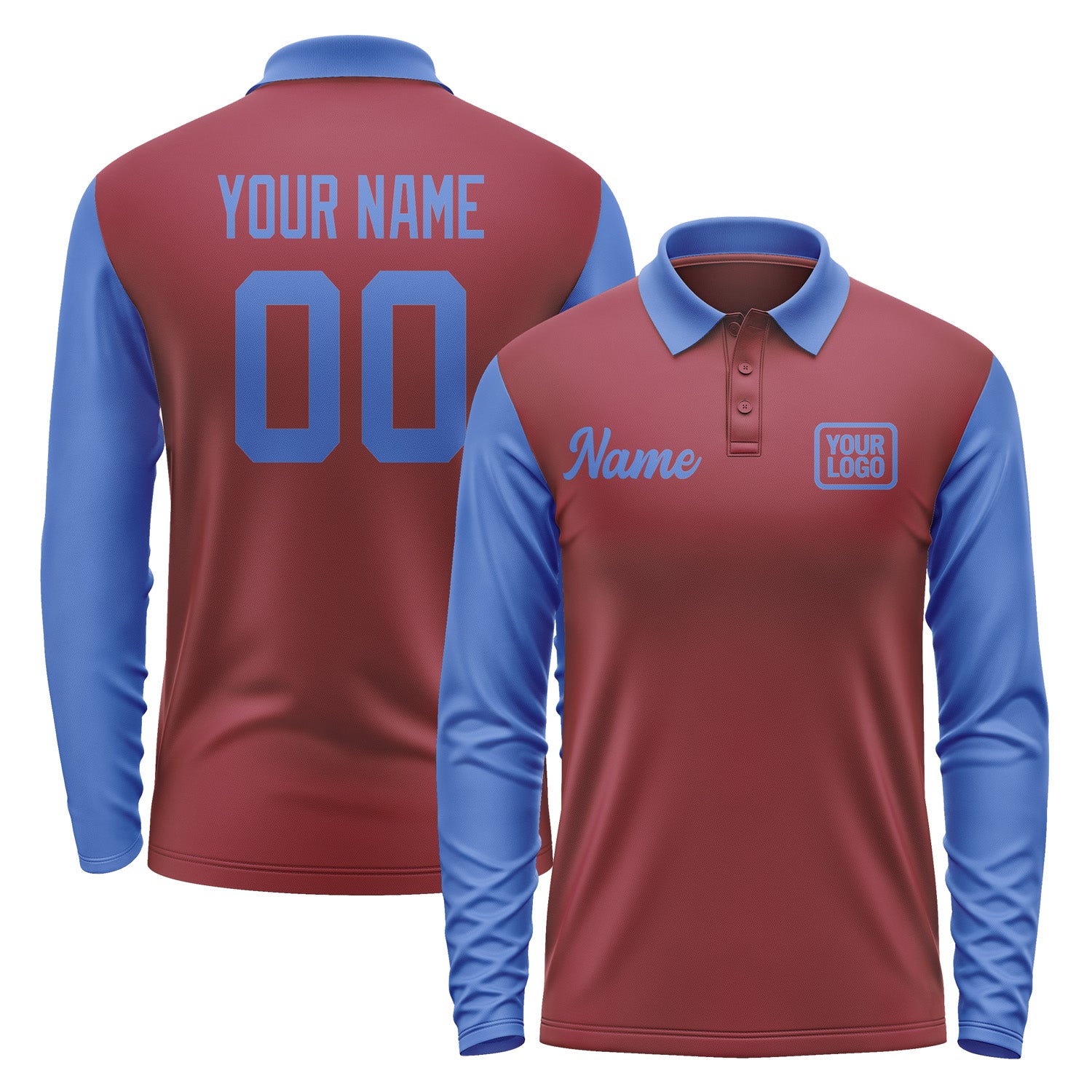 Custom Crimson Red Sky Blue Long Sleeve Polo Shirt Pl150909B109