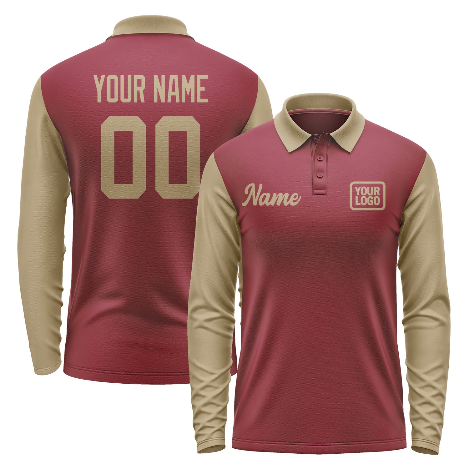 Custom Crimson Red Light Khaki Long Sleeve Polo Shirt Pl152525B125
