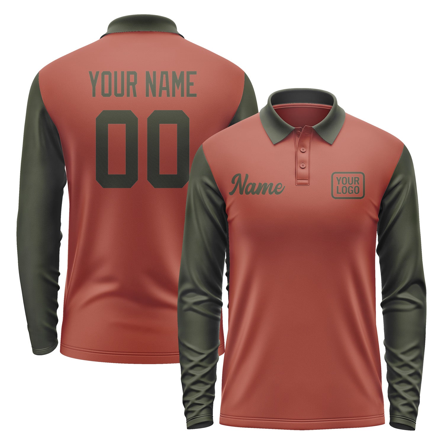 Custom Coral Red Olive Long Sleeve Polo Shirt Pl160202B102