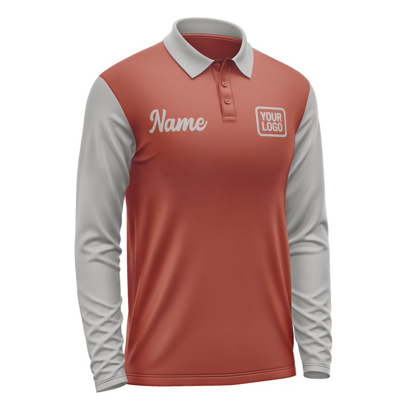 Custom Coral Red Gray Long Sleeve Polo Shirt Pl160404B104