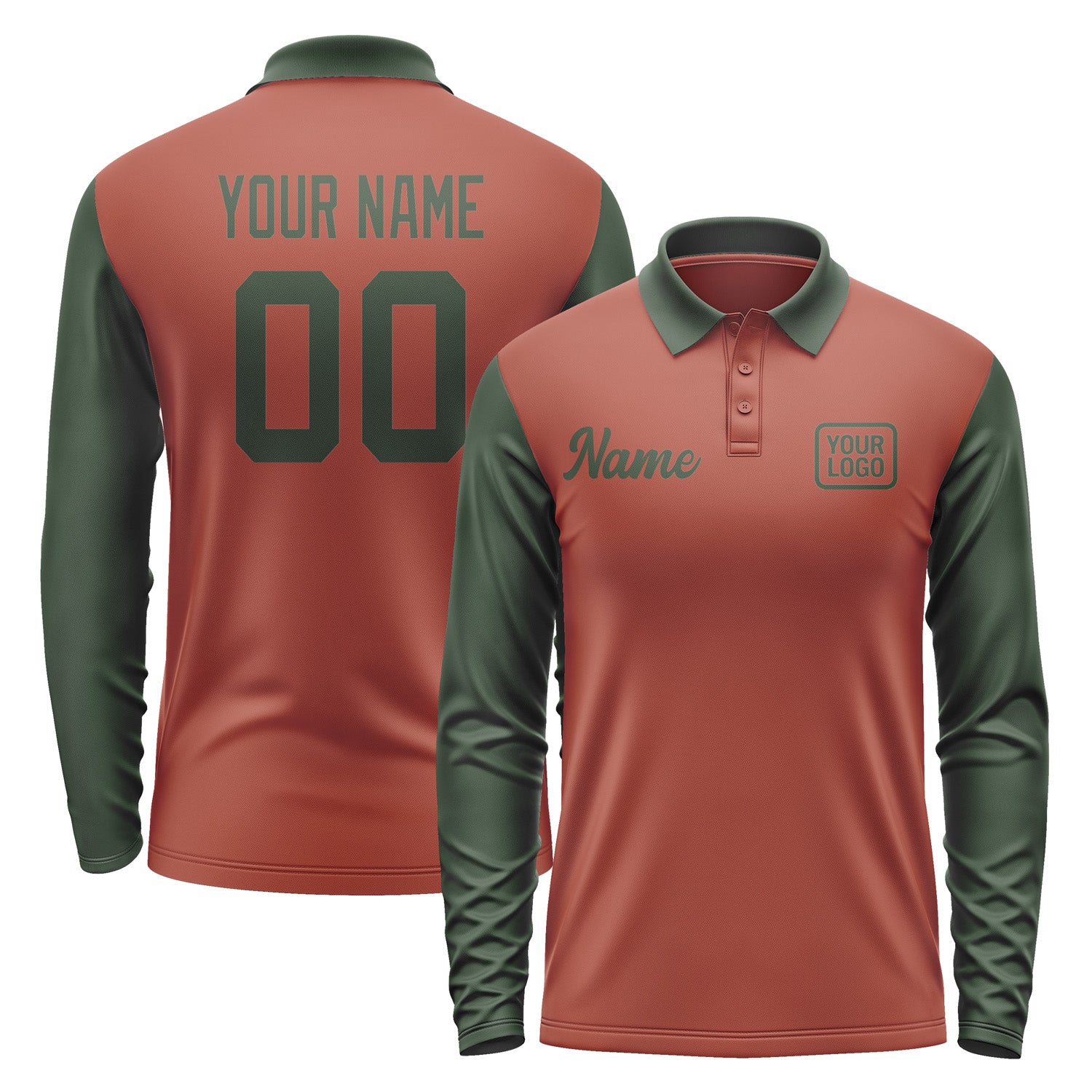 Custom Coral Red Dark Green Long Sleeve Polo Shirt Pl160606B106