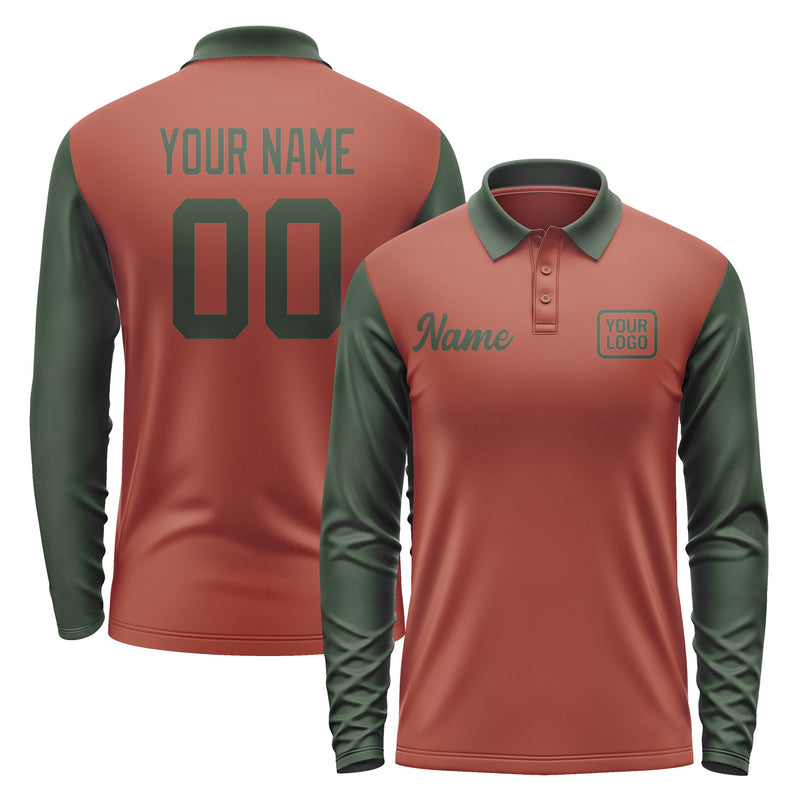 Custom Coral Red Dark Green Long Sleeve Polo Shirt Pl160606B106