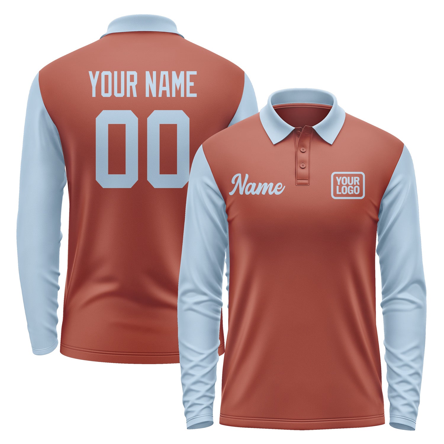 Custom Coral Red Light Blue Long Sleeve Polo Shirt Pl160808B108