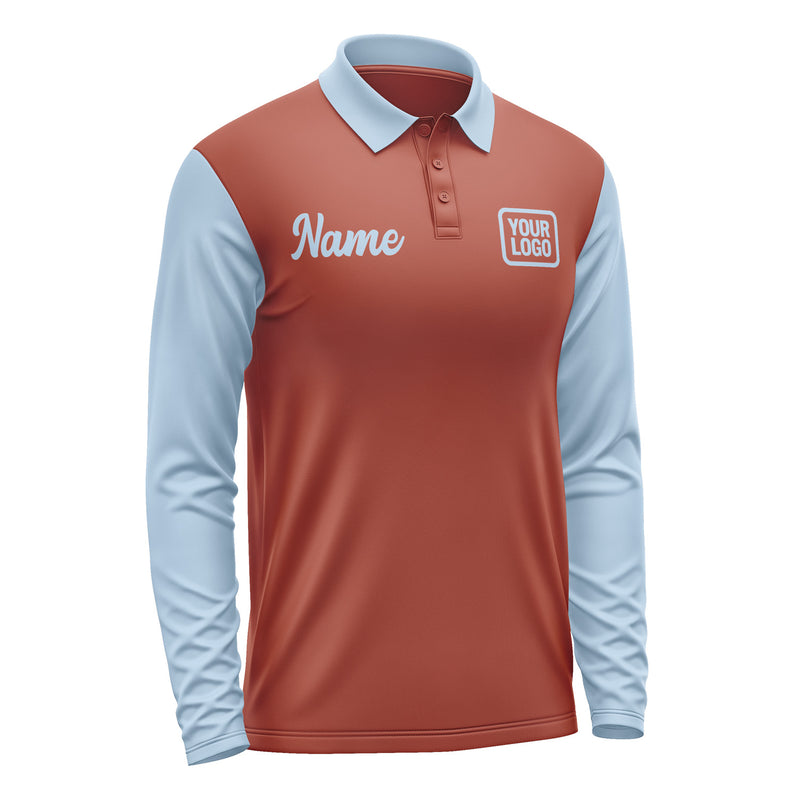 Custom Coral Red Light Blue Long Sleeve Polo Shirt Pl160808B108