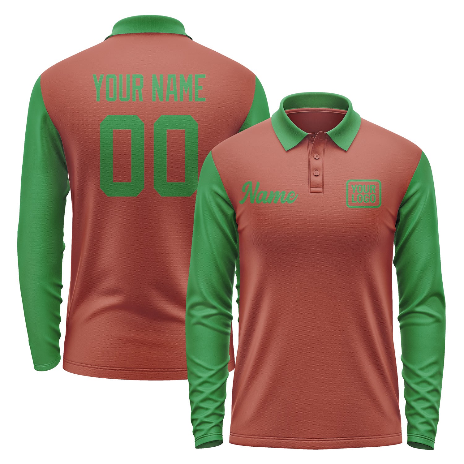 Custom Coral Red Emerald Green Long Sleeve Polo Shirt Pl162424B124