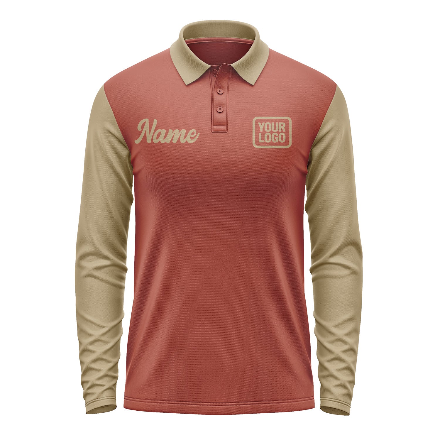 Custom Coral Red Light Khaki Long Sleeve Polo Shirt Pl162525B125