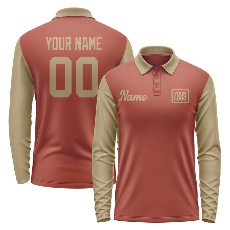 Custom Coral Red Light Khaki Long Sleeve Polo Shirt Pl162525B125