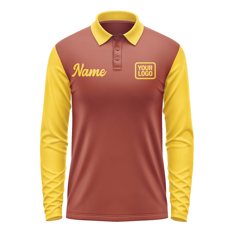 Custom Coral Red Gold Long Sleeve Polo Shirt Pl163030B130