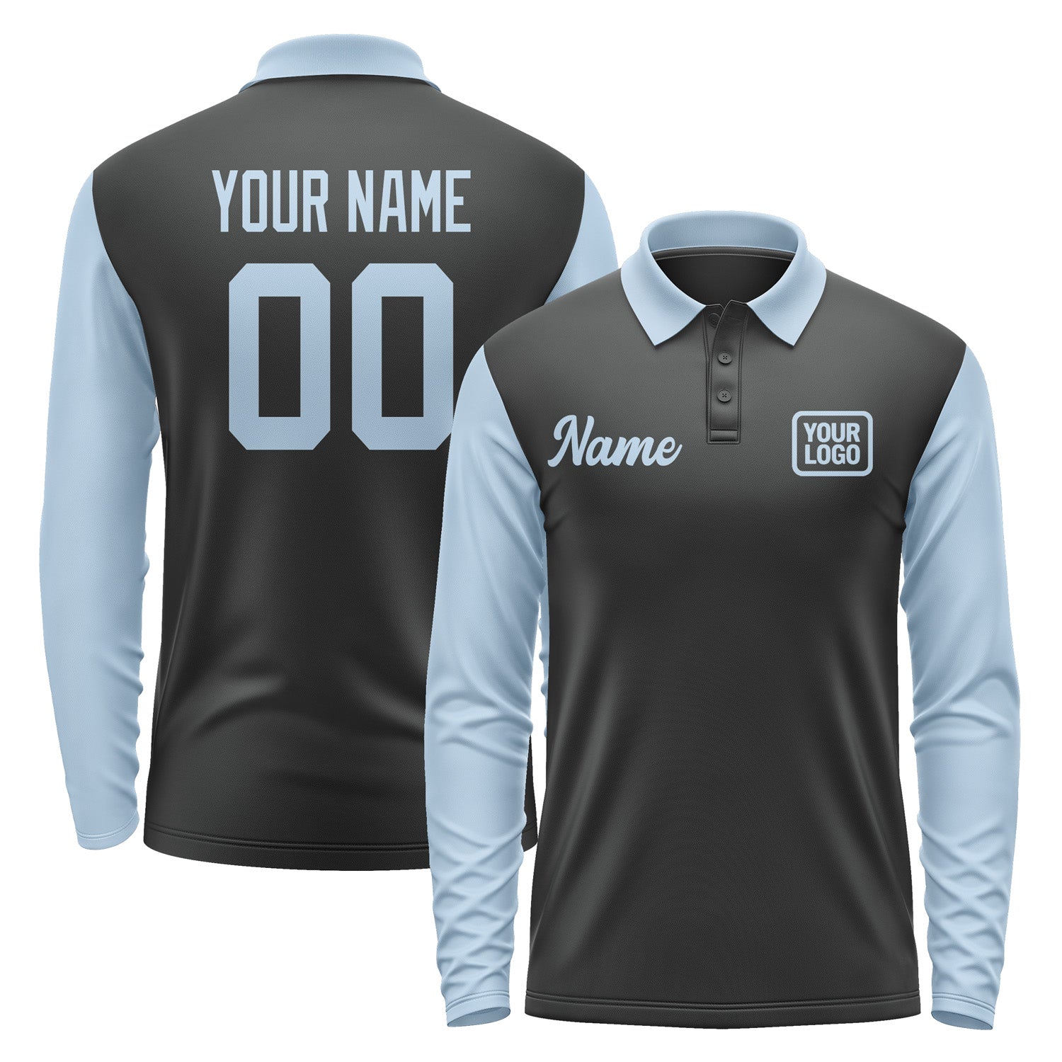 Custom Black Light Blue Long Sleeve Polo Shirt Pl170808B108