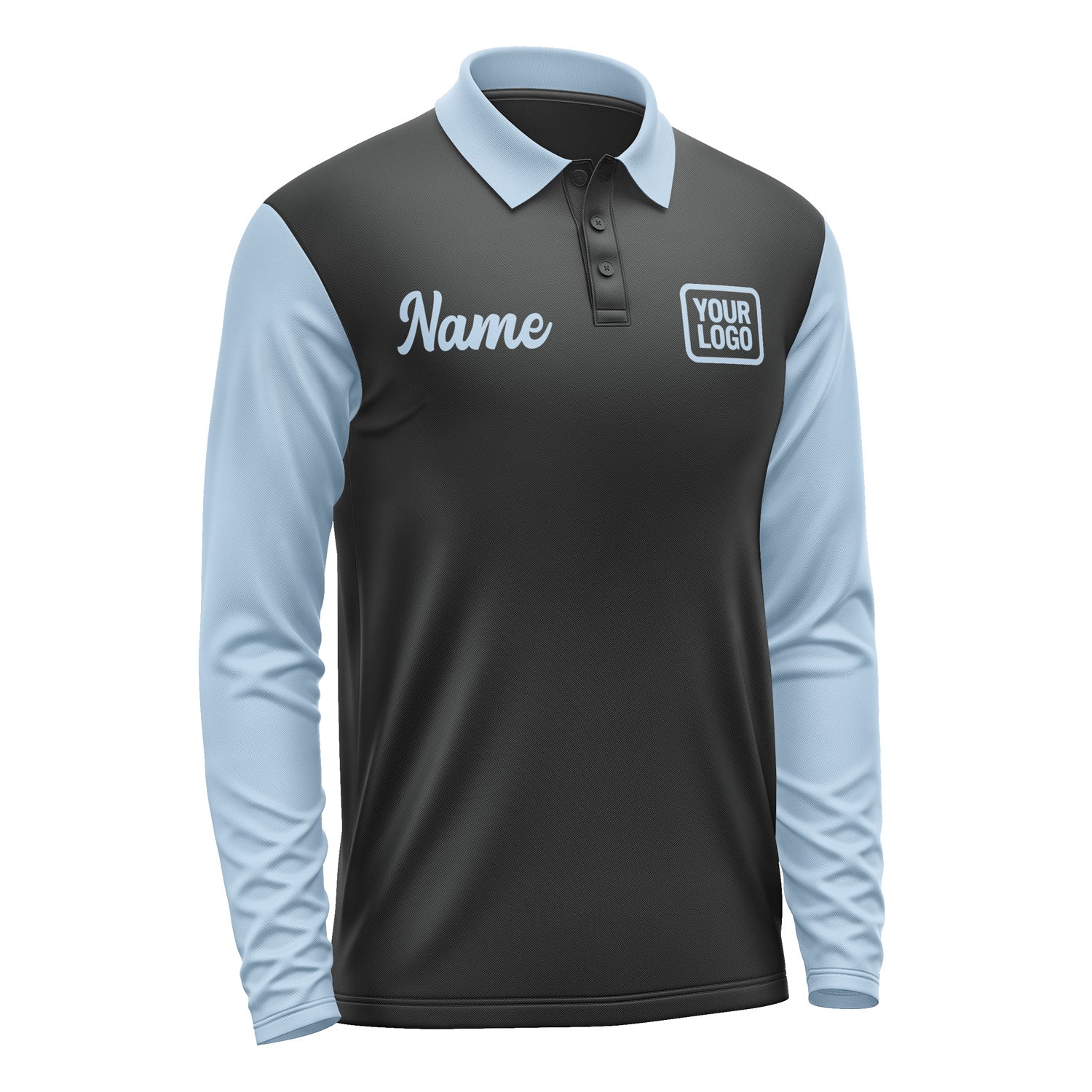 Custom Black Light Blue Long Sleeve Polo Shirt Pl170808B108