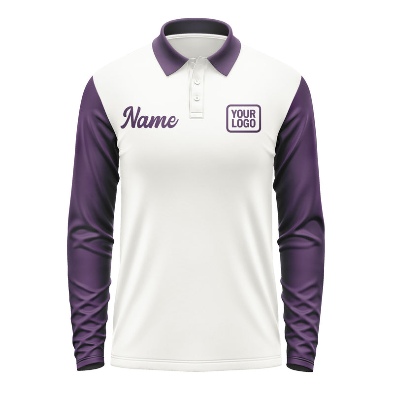 Custom White Purple Long Sleeve Polo Shirt Pl180707B107