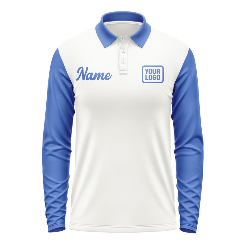 Custom White Sky Blue Long Sleeve Polo Shirt Pl180909B109