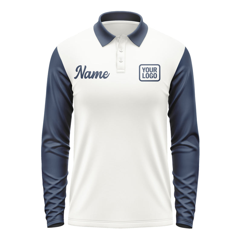 Custom White Blue Long Sleeve Polo Shirt Pl181010B110