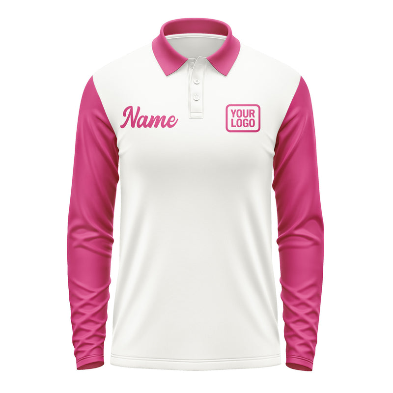 Custom White Pink Long Sleeve Polo Shirt Pl181313B113