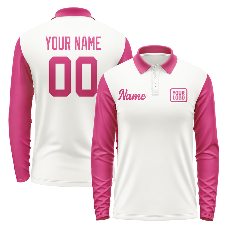 Custom White Pink Long Sleeve Polo Shirt Pl181313B113