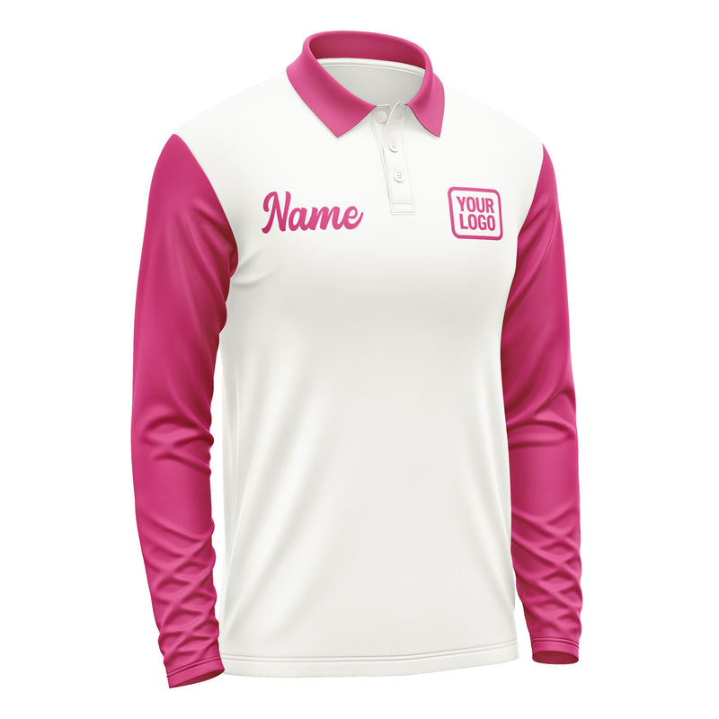 Custom White Pink Long Sleeve Polo Shirt Pl181313B113