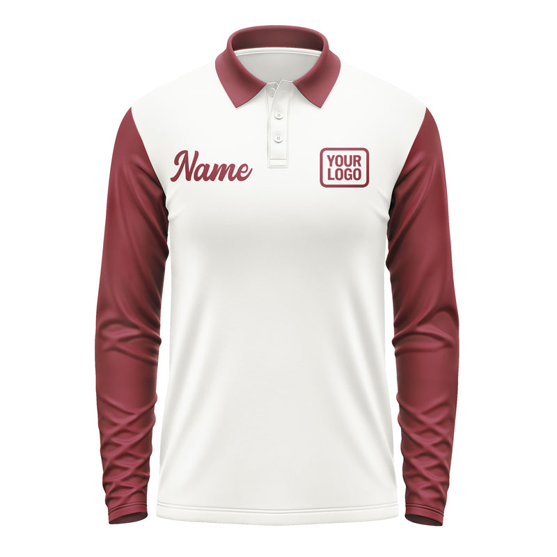 Custom White Crimson Red Long Sleeve Polo Shirt Pl181515B115