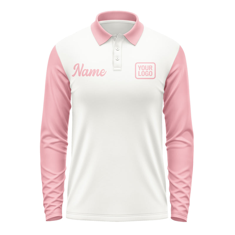 Custom White Light Pink Long Sleeve Polo Shirt Pl182121B121