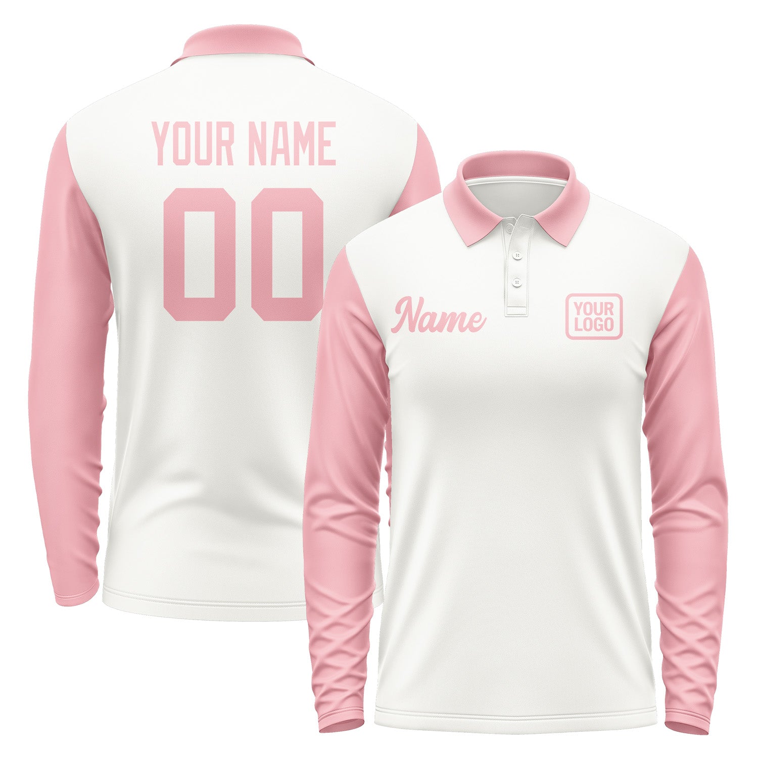 Custom White Light Pink Long Sleeve Polo Shirt Pl182121B121