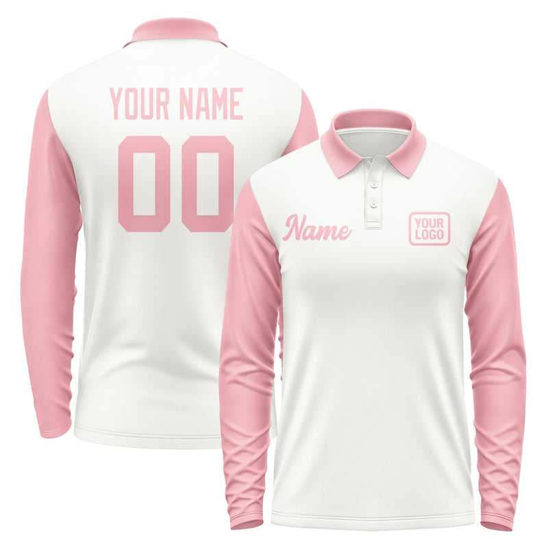 Custom White Light Pink Long Sleeve Polo Shirt Pl182121B121