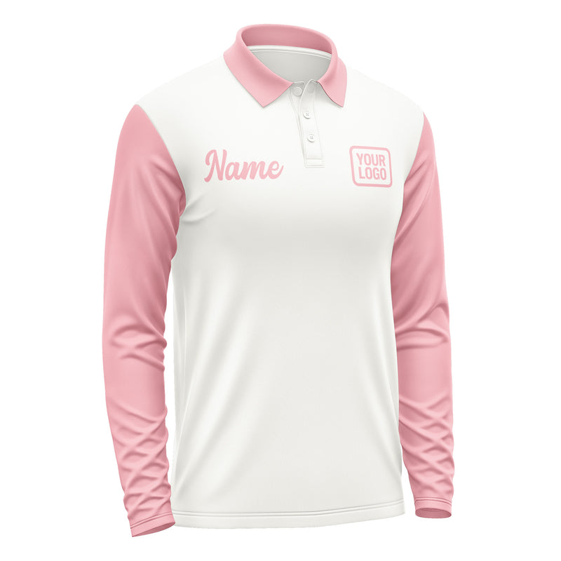 Custom White Light Pink Long Sleeve Polo Shirt Pl182121B121