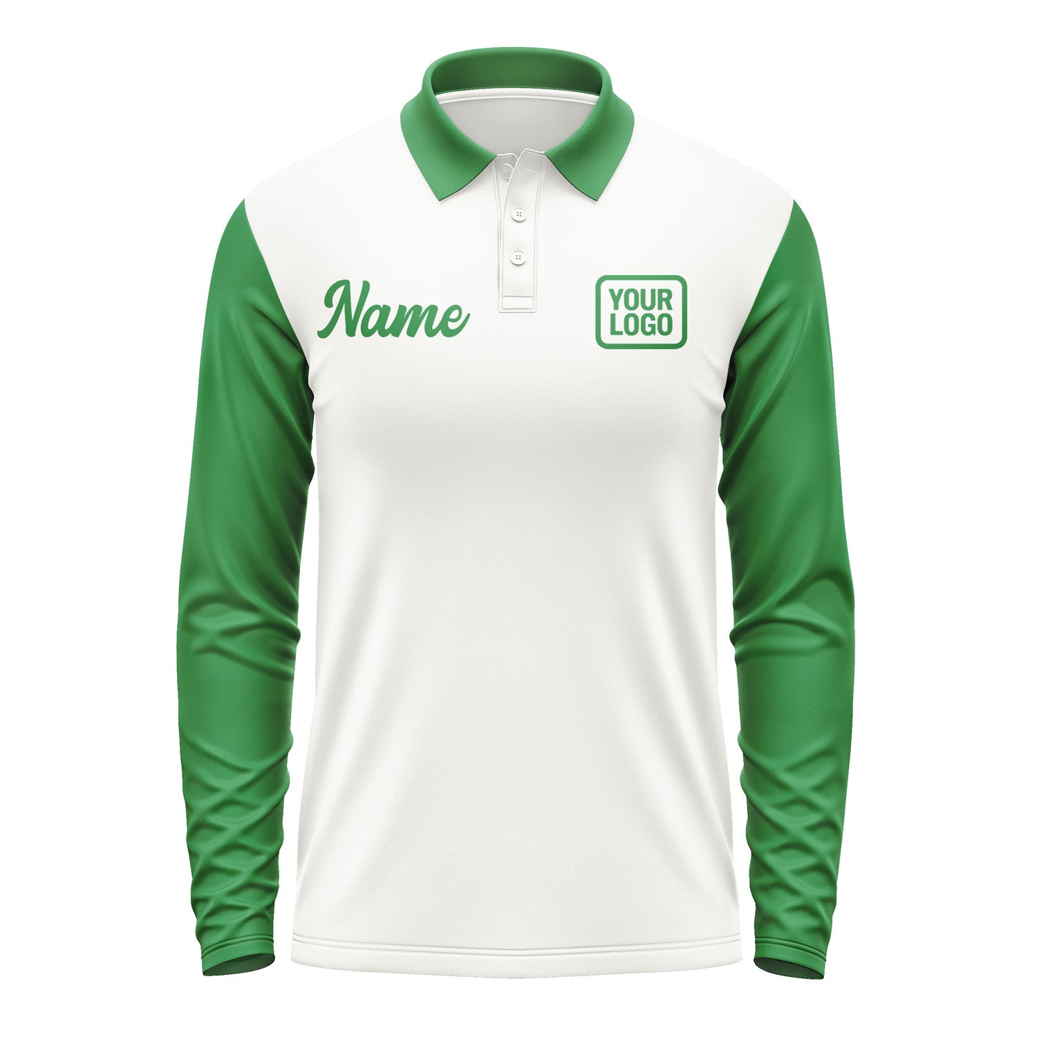 Custom White Emerald Green Long Sleeve Polo Shirt Pl182424B124